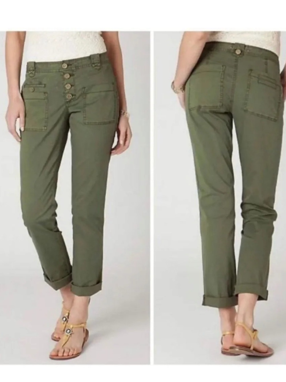 Hei Hei Anthropologie Dark Olive Green Button-Front Patch Pocket Utility Pants